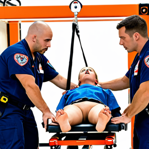 Home 15 **Image:** A team of EMTs using proper lifting techniques to move a patient on a stretcher. One EMT is giving clear verbal instructions while another maintains a straight back and engages their core. The setting is a simulated training environment with equipment like backboards and lifting devices visible. Focus on demonstrating correct body mechanics and teamwork, with all members wearing appropriate safety gear.