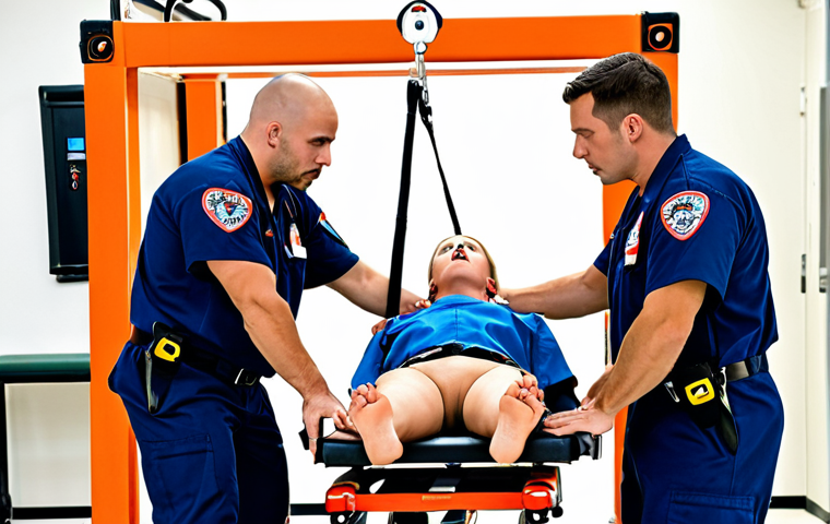 **Image:** A team of EMTs using proper lifting techniques to move a patient on a stretcher. One EMT is giving clear verbal instructions while another maintains a straight back and engages their core. The setting is a simulated training environment with equipment like backboards and lifting devices visible. Focus on demonstrating correct body mechanics and teamwork, with all members wearing appropriate safety gear.