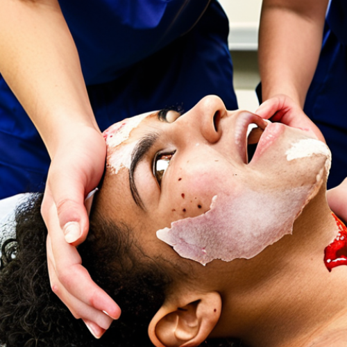Home 14 **A diverse group of EMS students participating in a realistic mock mass-casualty incident. Focus on the expressions of concern and determination on their faces. Use props like moulage to simulate injuries. The scene should be slightly chaotic but focused. The instructor watches with a knowing, encouraging smile. High fidelity, detailed.**