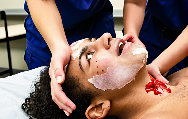 **A diverse group of EMS students participating in a realistic mock mass-casualty incident. Focus on the expressions of concern and determination on their faces. Use props like moulage to simulate injuries. The scene should be slightly chaotic but focused. The instructor watches with a knowing, encouraging smile. High fidelity, detailed.**