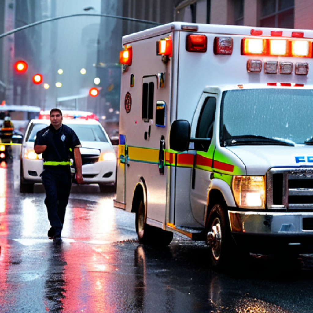**Prompt:** An EMT team urgently responding to a call in a busy urban environment, ambulance with flashing lights, rain-slicked streets, focus on the EMTs' determined faces, dynamic composition, realistic style.