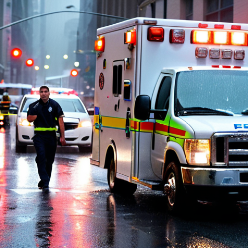 Home 7 **Prompt:** An EMT team urgently responding to a call in a busy urban environment, ambulance with flashing lights, rain-slicked streets, focus on the EMTs' determined faces, dynamic composition, realistic style.