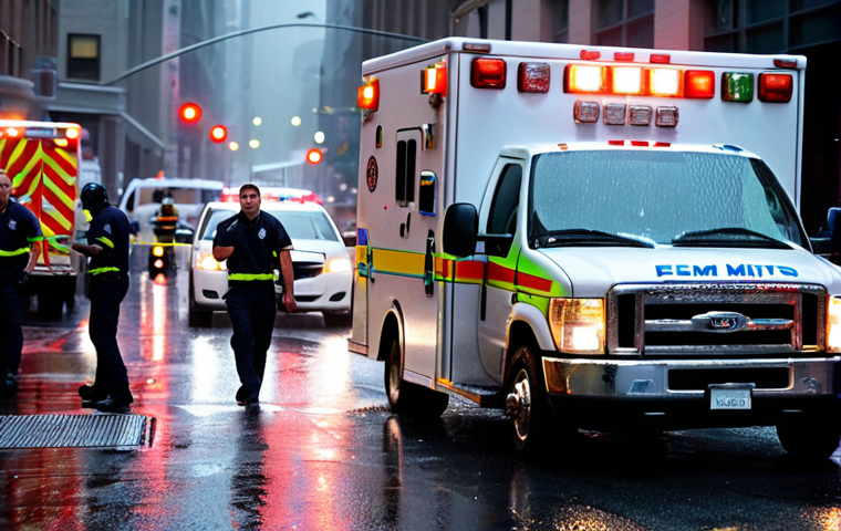 **Prompt:** An EMT team urgently responding to a call in a busy urban environment, ambulance with flashing lights, rain-slicked streets, focus on the EMTs' determined faces, dynamic composition, realistic style.
