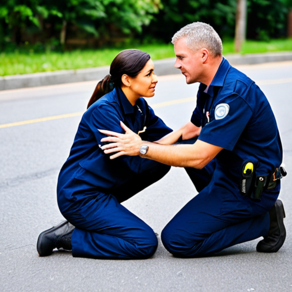 A professional female paramedic, fully clothed in a modest and practical dark blue uniform with clear markings, is engaging in empathetic communication with an adult male patient. The paramedic kneels calmly, maintaining eye contact and a reassuring expression, while the patient, fully clothed in casual, appropriate attire, sits on a curb, looking visibly relieved. The background suggests a quiet, safe area near a managed, non-chaotic emergency scene, with emergency vehicles subtly in the distance. The focus is on the human connection and active listening. safe for work, appropriate content, fully clothed, professional, modest clothing, perfect anatomy, correct proportions, natural pose, well-formed hands, proper finger count, natural body proportions, professional photography, high quality.