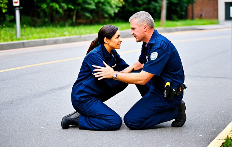 A professional female paramedic, fully clothed in a modest and practical dark blue uniform with clear markings, is engaging in empathetic communication with an adult male patient. The paramedic kneels calmly, maintaining eye contact and a reassuring expression, while the patient, fully clothed in casual, appropriate attire, sits on a curb, looking visibly relieved. The background suggests a quiet, safe area near a managed, non-chaotic emergency scene, with emergency vehicles subtly in the distance. The focus is on the human connection and active listening. safe for work, appropriate content, fully clothed, professional, modest clothing, perfect anatomy, correct proportions, natural pose, well-formed hands, proper finger count, natural body proportions, professional photography, high quality.