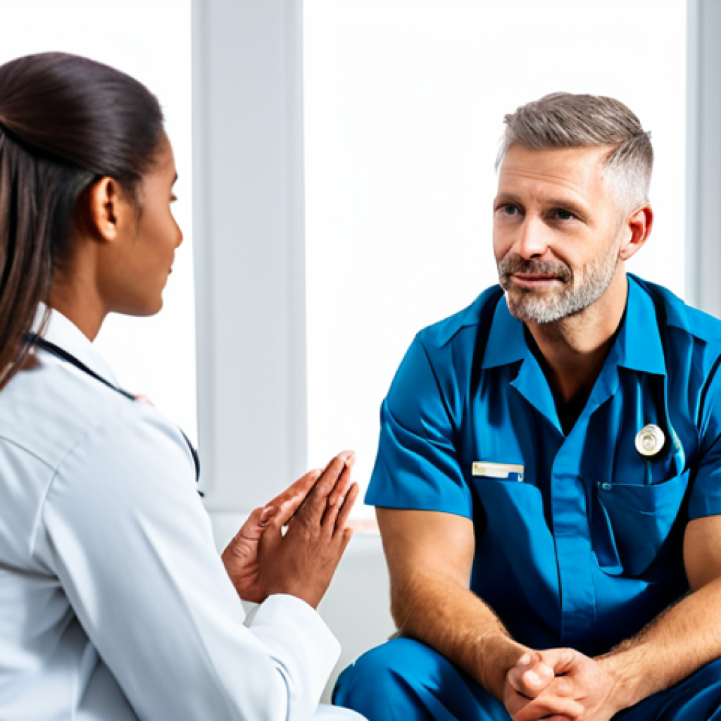 A male paramedic in a clean, professional uniform, fully clothed, appropriate attire, sitting calmly in a modern, well-lit counseling office, engaged in a supportive conversation with a professional therapist. The scene emphasizes mental well-being and professional support, with a serene atmosphere. Perfect anatomy, correct proportions, natural pose, well-formed hands, proper finger count, natural body proportions. Safe for work, appropriate content, professional, family-friendly, high quality studio photography.
