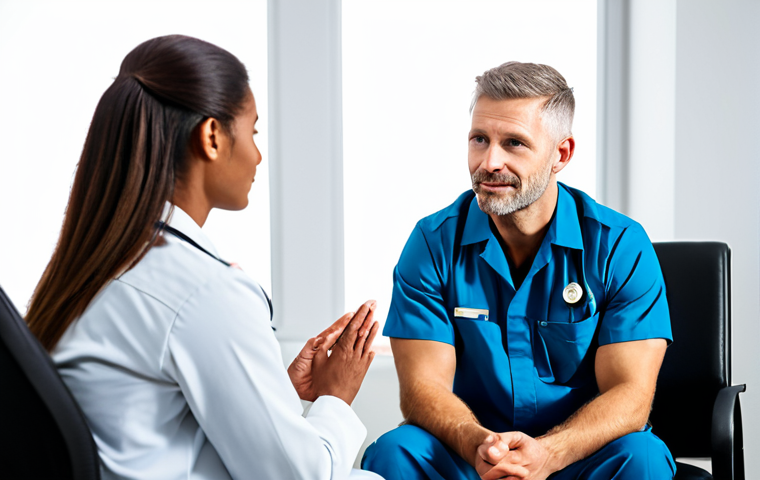 A male paramedic in a clean, professional uniform, fully clothed, appropriate attire, sitting calmly in a modern, well-lit counseling office, engaged in a supportive conversation with a professional therapist. The scene emphasizes mental well-being and professional support, with a serene atmosphere. Perfect anatomy, correct proportions, natural pose, well-formed hands, proper finger count, natural body proportions. Safe for work, appropriate content, professional, family-friendly, high quality studio photography.