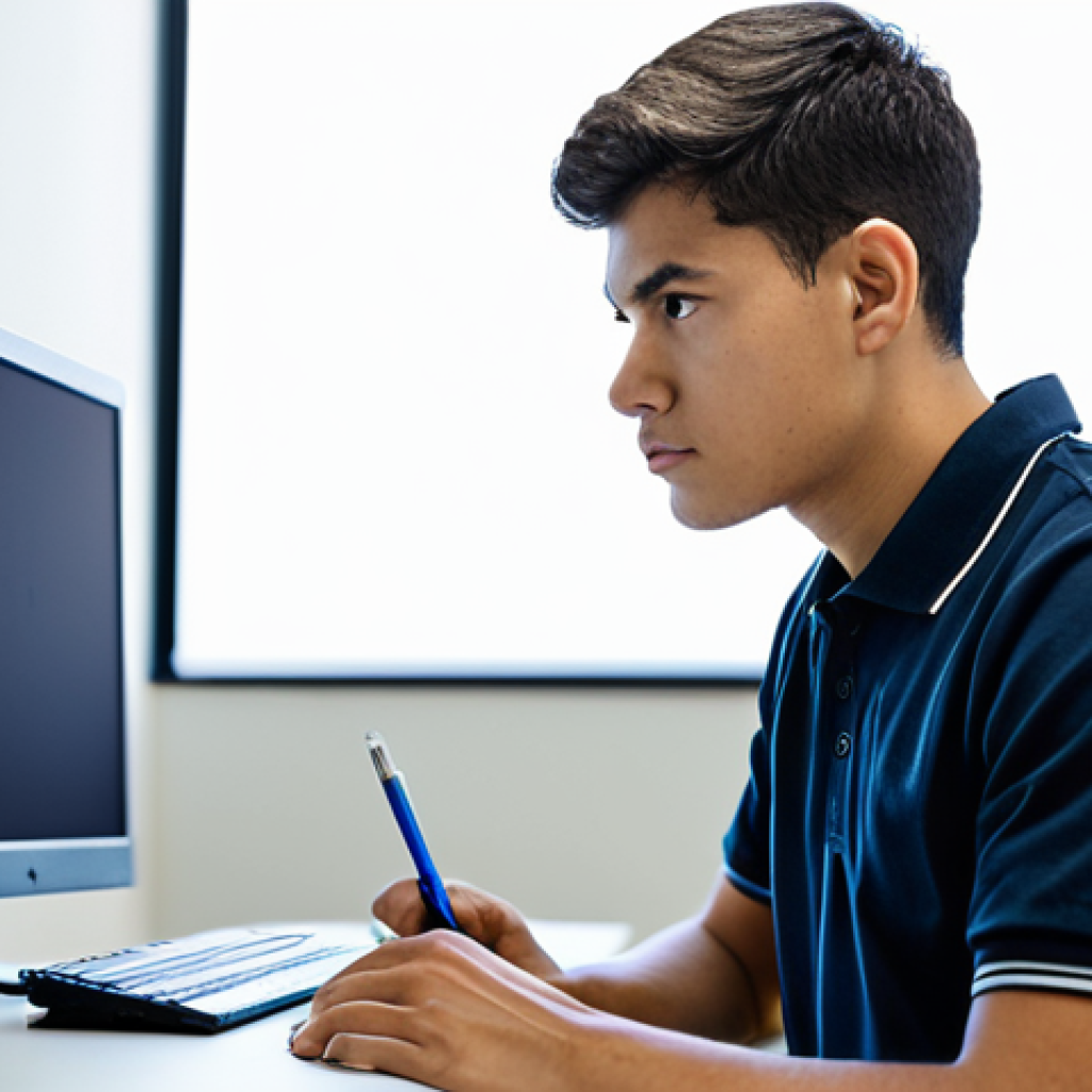 A focused young adult medical professional, dressed in a modest, dark professional polo shirt and comfortable trousers, sits intently at a clean, modern computer workstation in a quiet, well-lit testing center. Their gaze is fixed on the screen, reflecting deep concentration on a complex scenario-based question, showcasing critical thinking and knowledge application. The environment is calm and conducive to intense study. safe for work, appropriate content, fully clothed, professional, perfect anatomy, correct proportions, natural pose, well-formed hands, proper finger count, natural body proportions, professional photography, high quality.