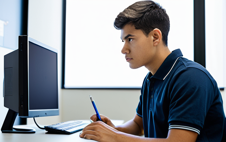 A focused young adult medical professional, dressed in a modest, dark professional polo shirt and comfortable trousers, sits intently at a clean, modern computer workstation in a quiet, well-lit testing center. Their gaze is fixed on the screen, reflecting deep concentration on a complex scenario-based question, showcasing critical thinking and knowledge application. The environment is calm and conducive to intense study. safe for work, appropriate content, fully clothed, professional, perfect anatomy, correct proportions, natural pose, well-formed hands, proper finger count, natural body proportions, professional photography, high quality.