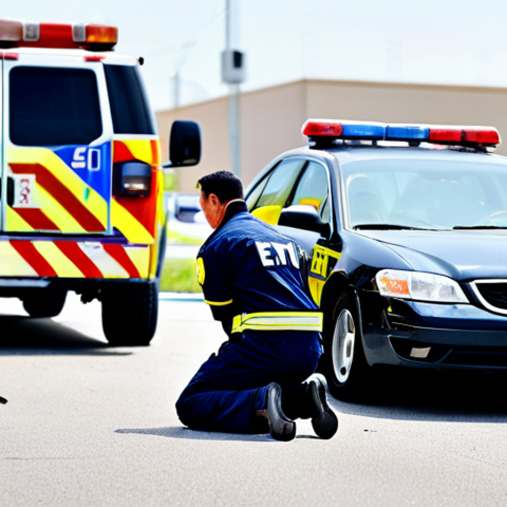 EMT Assessing a Patient at an Accident Scene**
"An EMT kneeling beside a patient at a car accident scene, fully clothed in uniform, assessing vital signs. Background includes a damaged car, other first responders (firefighters and police officers) assisting, and flashing emergency lights. Focus on the EMT's attentive and professional demeanor. Safe for work, appropriate content, perfect anatomy, natural proportions, professional, modest, family-friendly, high-quality rendering, realistic."
**