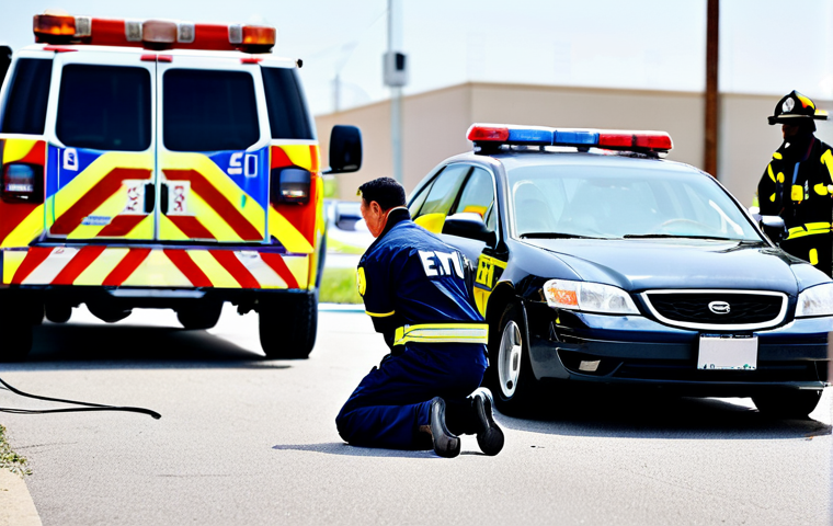 EMT Assessing a Patient at an Accident Scene**
"An EMT kneeling beside a patient at a car accident scene, fully clothed in uniform, assessing vital signs. Background includes a damaged car, other first responders (firefighters and police officers) assisting, and flashing emergency lights. Focus on the EMT's attentive and professional demeanor. Safe for work, appropriate content, perfect anatomy, natural proportions, professional, modest, family-friendly, high-quality rendering, realistic."
**