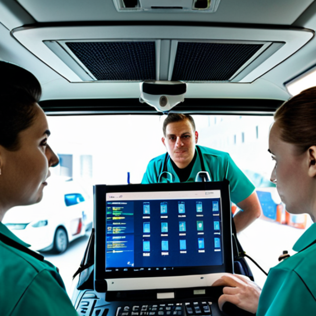 **
"A team of paramedics in fully clothed professional uniforms, gathered around a mobile data terminal in a modern ambulance interior, appropriate attire, safe for work, focusing on the screen displaying patient data with blurred faces in the background, professional lighting, perfect anatomy, natural proportions, data privacy concept, high quality."
**
