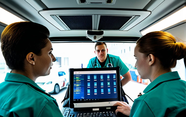 **
"A team of paramedics in fully clothed professional uniforms, gathered around a mobile data terminal in a modern ambulance interior, appropriate attire, safe for work, focusing on the screen displaying patient data with blurred faces in the background, professional lighting, perfect anatomy, natural proportions, data privacy concept, high quality."
**