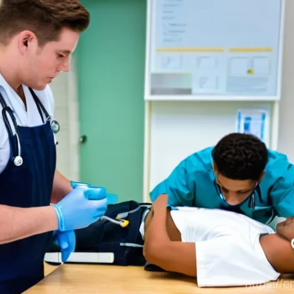 응급구조사 단기 교육 프로그램 - **Prompt:** A diverse group of three Emergency Medical Technician (EMT) students, in their 20s and 3...