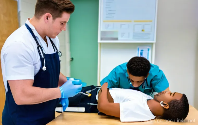 응급구조사 단기 교육 프로그램 - **Prompt:** A diverse group of three Emergency Medical Technician (EMT) students, in their 20s and 3...