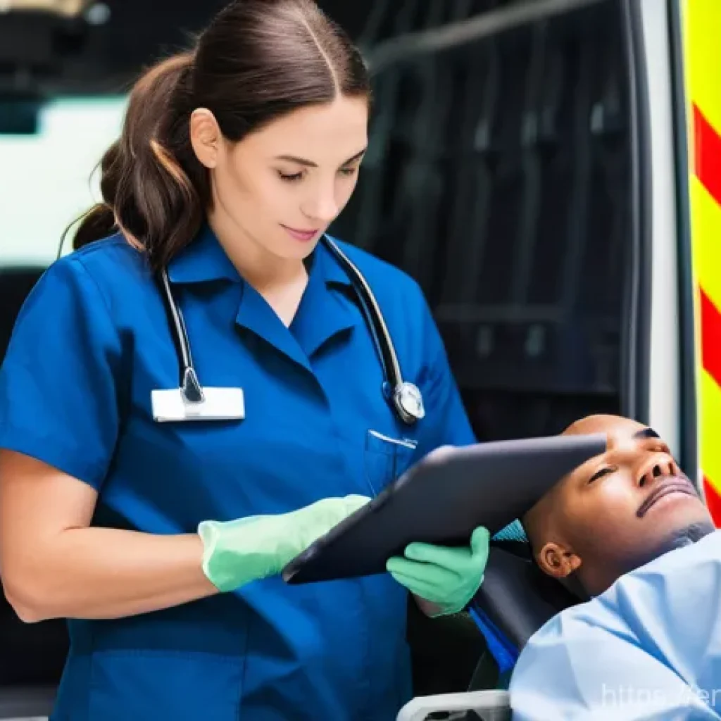 응급구조사와 환자 기록 관리 - **Image Prompt:** An EMT, wearing a standard uniform and gloves, is meticulously documenting patient...