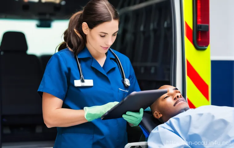 응급구조사와 환자 기록 관리 - **Image Prompt:** An EMT, wearing a standard uniform and gloves, is meticulously documenting patient...