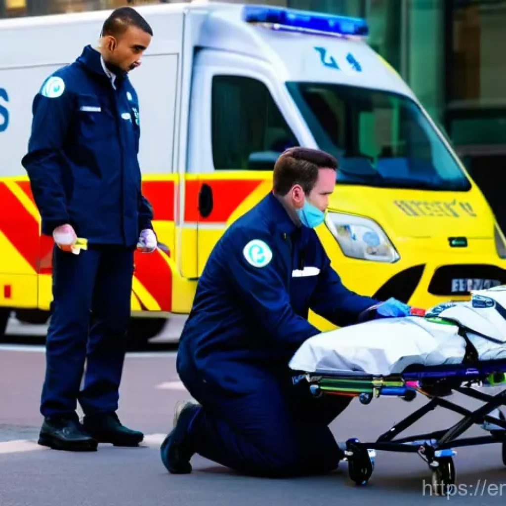 응급구조사와 응급 의료 서비스 전망 - **Prompt 1: The Tech-Enhanced Urban Emergency Response**
"A bustling urban street scene at dusk,...