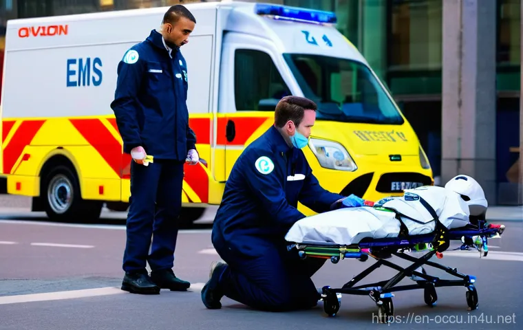 응급구조사와 응급 의료 서비스 전망 - **Prompt 1: The Tech-Enhanced Urban Emergency Response**
"A bustling urban street scene at dusk,...