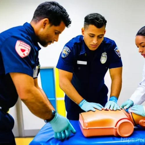 Home 27 응급구조사 CPR 실습 - **Prompt:** A diverse group of four EMTs, two males and two females, dressed in professional full EM...