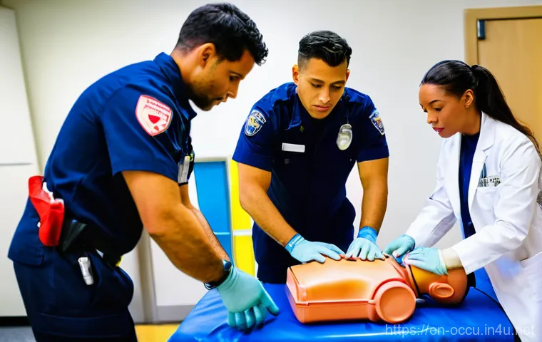 응급구조사 CPR 실습 - **Prompt:** A diverse group of four EMTs, two males and two females, dressed in professional full EM...