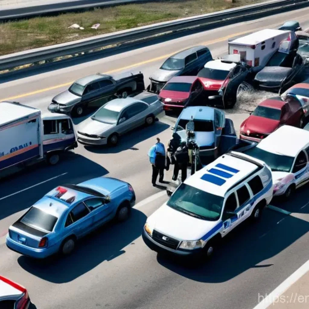 응급구조사 출동 중 생긴 에피소드 - **Prompt:** A dynamic overhead shot capturing the initial aftermath of a multi-car pile-up on a sunn...
