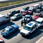 응급구조사 출동 중 생긴 에피소드 - **Prompt:** A dynamic overhead shot capturing the initial aftermath of a multi-car pile-up on a sunn...