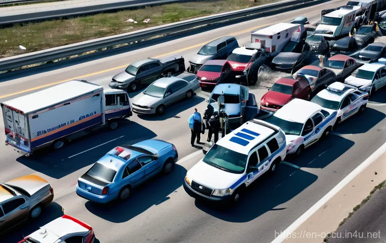 응급구조사 출동 중 생긴 에피소드 - **Prompt:** A dynamic overhead shot capturing the initial aftermath of a multi-car pile-up on a sunn...