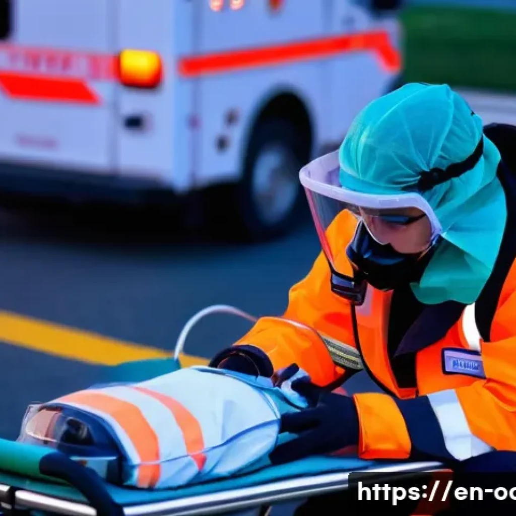 응급구조사 필수 장비 가이드 - A highly detailed scene showing an EMT in full personal protective equipment (gloves, surgical mask,...