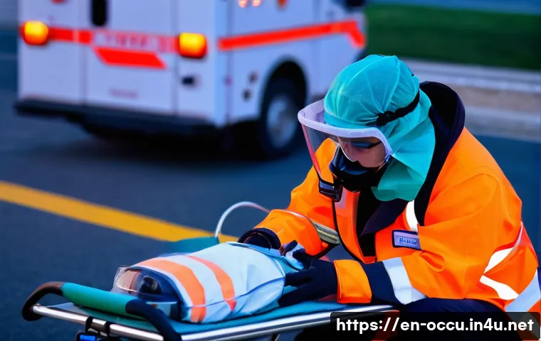 응급구조사 필수 장비 가이드 - A highly detailed scene showing an EMT in full personal protective equipment (gloves, surgical mask,...