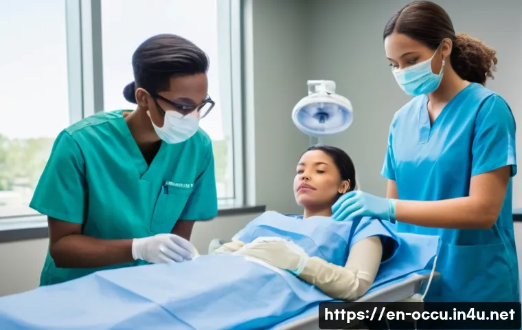 응급구조사 실기시험 체크리스트 - A detailed clinical training scene showing a diverse group of medical students practicing advanced a...