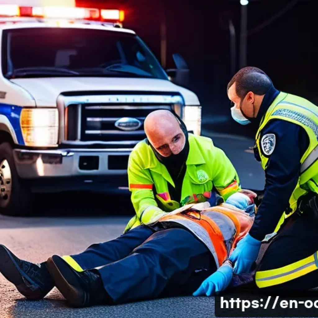 응급구조사 업무 사례 - A highly detailed scene of an EMT team stabilizing a trauma patient at the roadside after a car cras...
