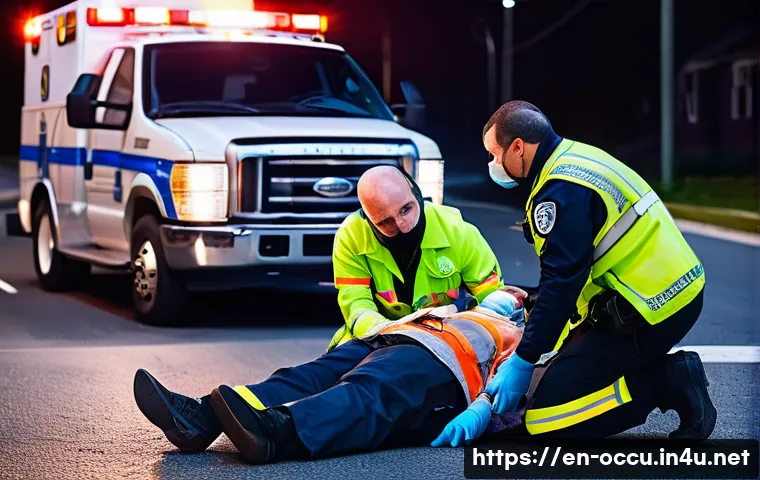 응급구조사 업무 사례 - A highly detailed scene of an EMT team stabilizing a trauma patient at the roadside after a car cras...