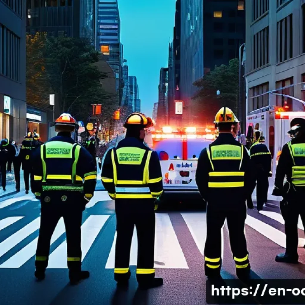 응급구조사와 공공 안전 시스템 - A high-intensity urban emergency scene at dusk, featuring a diverse team of EMS responders wearing p...