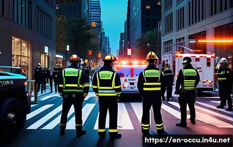 응급구조사와 공공 안전 시스템 - A high-intensity urban emergency scene at dusk, featuring a diverse team of EMS responders wearing p...