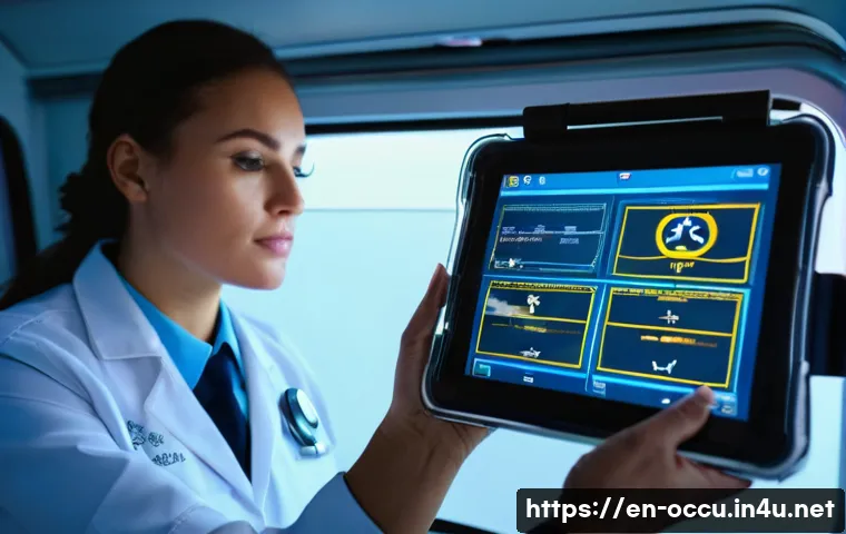 응급구조사와 출동 리포트 작성법 - A professional emergency medical technician (EMT) writing a clear, concise dispatch report on a digi...