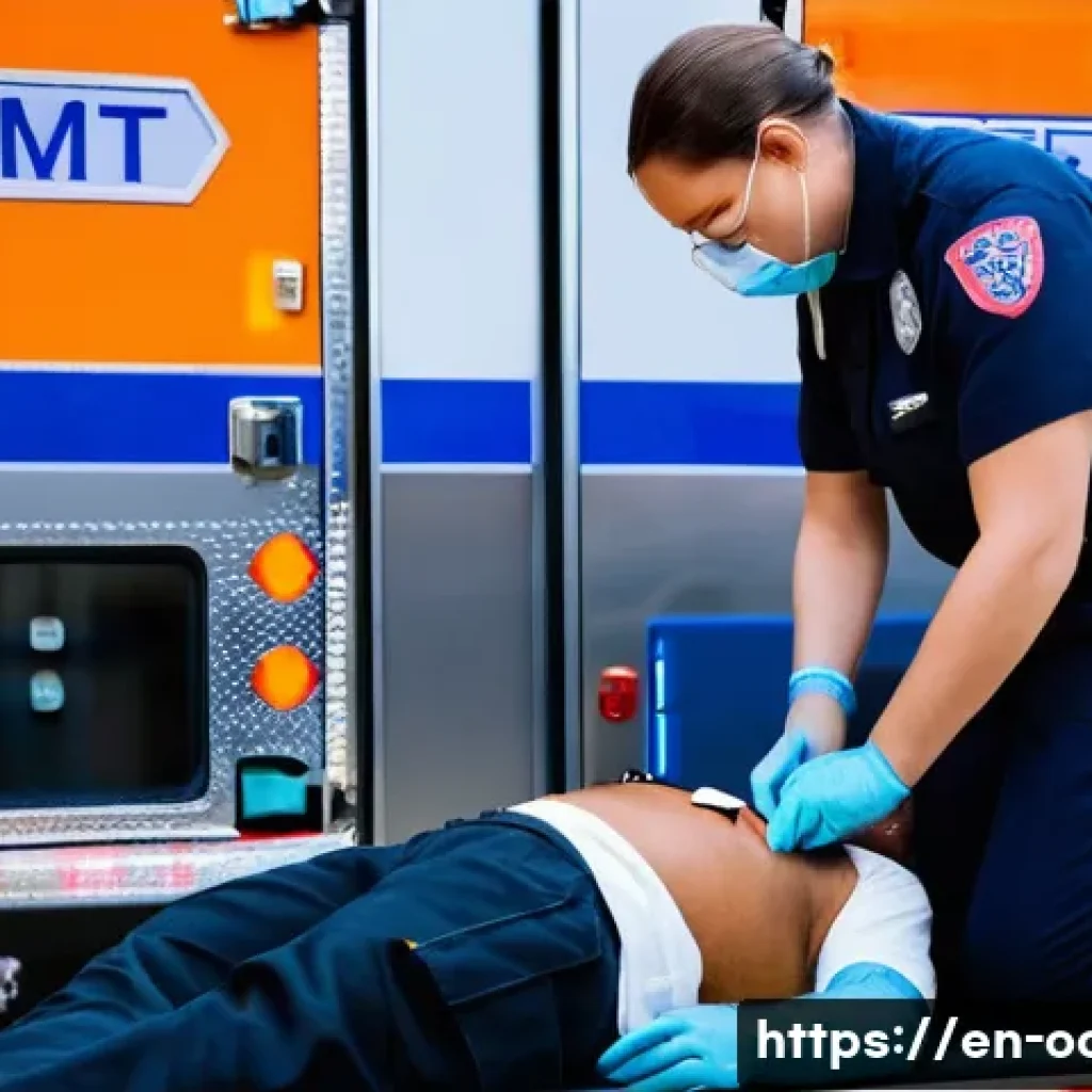 응급구조사와 약물 관리 - A highly detailed scene of an EMT in full uniform administering an intramuscular epinephrine injecti...
