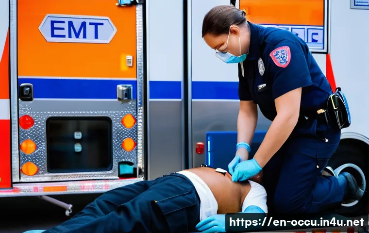 응급구조사와 약물 관리 - A highly detailed scene of an EMT in full uniform administering an intramuscular epinephrine injecti...