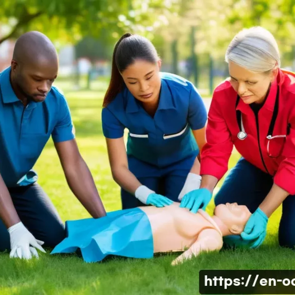 응급구조사와 시민 협력 사례 - A diverse group of adult community members attending an outdoor first aid training workshop in a sub...