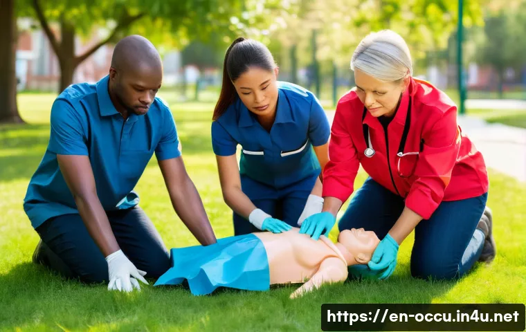 응급구조사와 시민 협력 사례 - A diverse group of adult community members attending an outdoor first aid training workshop in a sub...