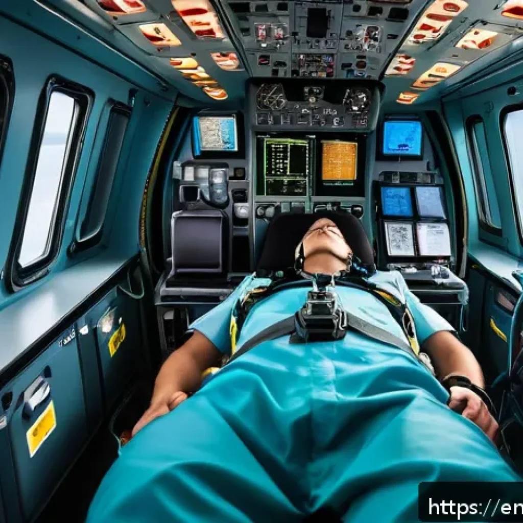응급구조사와 헬기 응급의료 - A highly detailed scene inside a modern medical helicopter in flight during a rescue mission, showin...