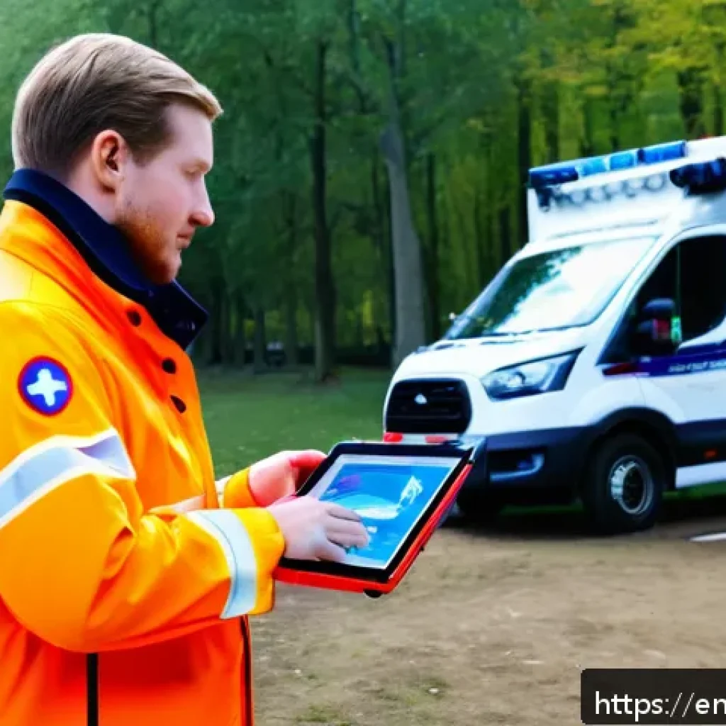 응급구조사 디지털 도구 - A dynamic scene showing a paramedic using a sleek, portable ultrasound device on a patient at an out...