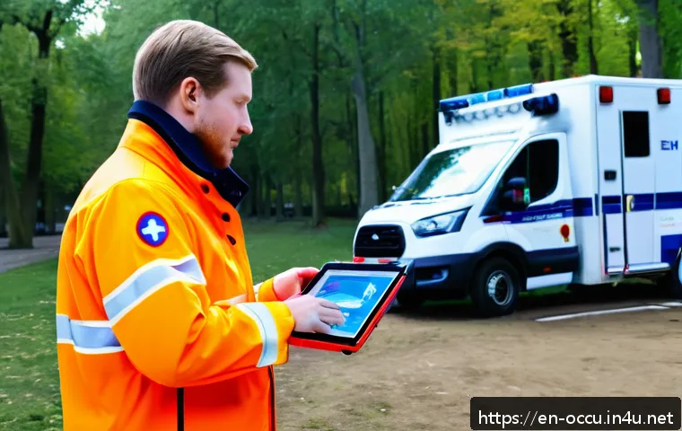 응급구조사 디지털 도구 - A dynamic scene showing a paramedic using a sleek, portable ultrasound device on a patient at an out...