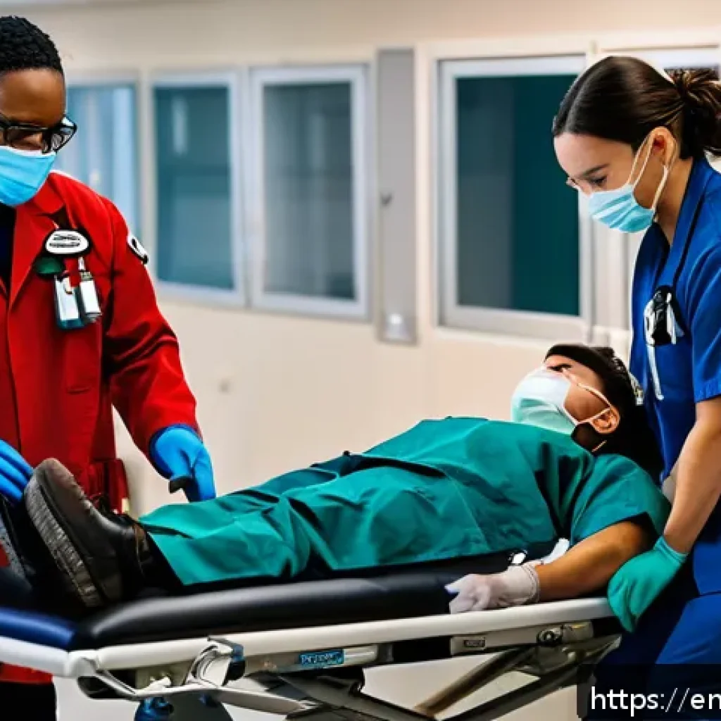 응급구조사와 환자 이동 기술 - A detailed scene showing two emergency medical technicians (EMTs) carefully performing a log roll ma...