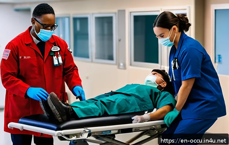 응급구조사와 환자 이동 기술 - A detailed scene showing two emergency medical technicians (EMTs) carefully performing a log roll ma...