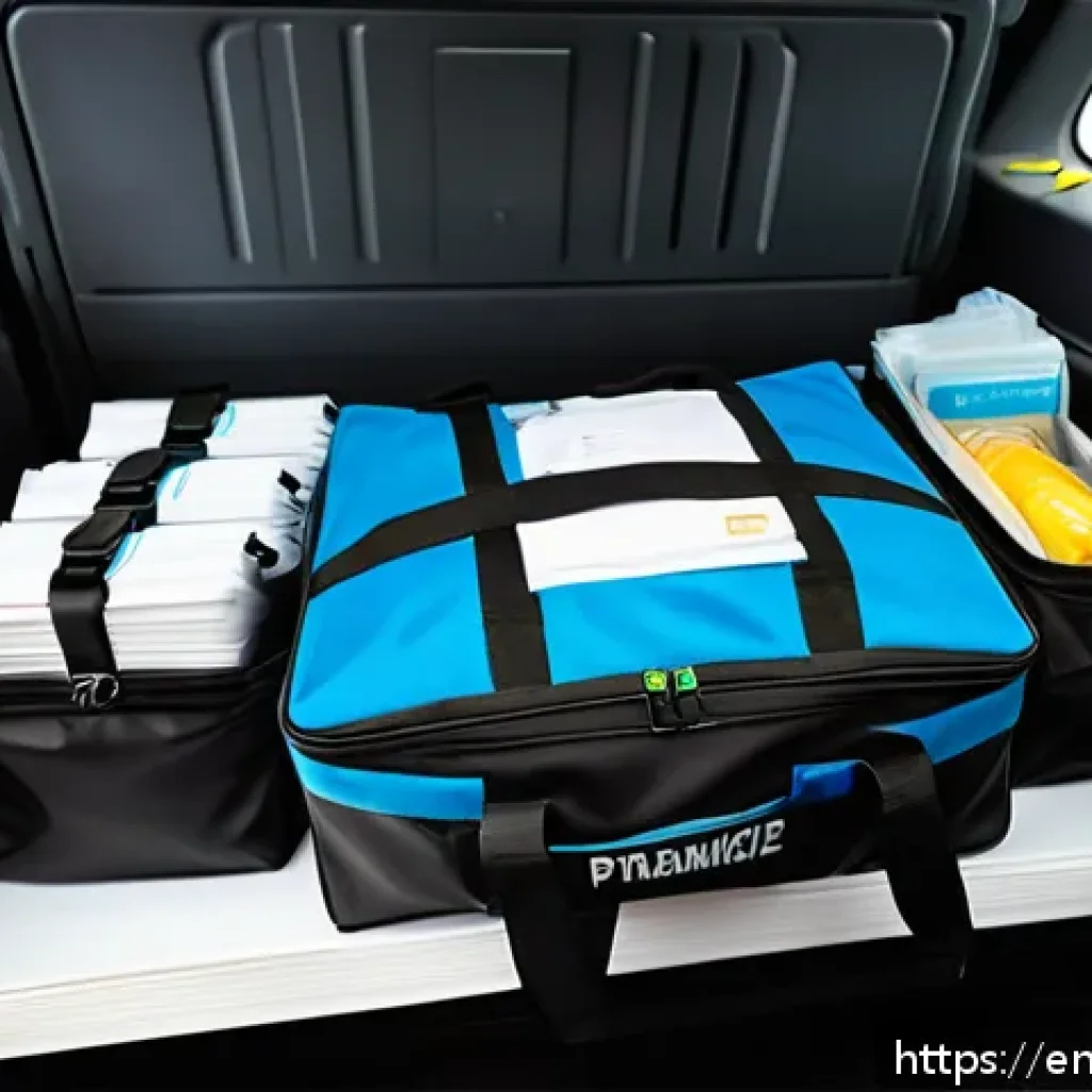 응급구조사 출동 준비물 체크리스트 - A highly detailed scene of a paramedic’s well-organized modular EMS bag opened on the backseat of an...