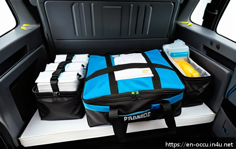 응급구조사 출동 준비물 체크리스트 - A highly detailed scene of a paramedic&rsquo;s well-organized modular EMS bag opened on the backseat of an...