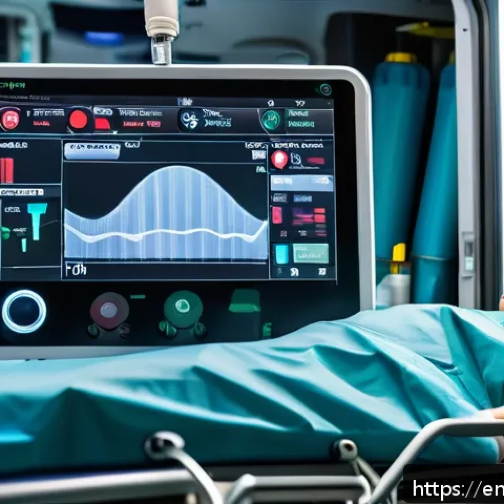 응급구조사 출동 후 환자 이송 평가 - A detailed scene inside a modern ambulance showing a paramedic performing continuous vital signs mon...