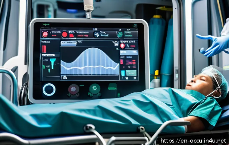 응급구조사 출동 후 환자 이송 평가 - A detailed scene inside a modern ambulance showing a paramedic performing continuous vital signs mon...