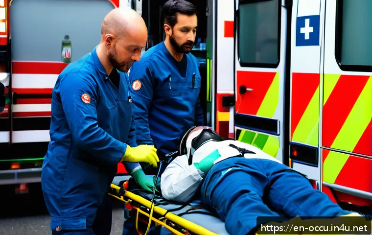 응급구조사와 생존 시간 단축 전략 - A dynamic emergency scene showing a paramedic team rapidly performing airway management using video ...